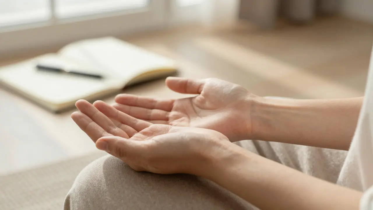 Hands resting calmly during a breathing exercise in soft morning light