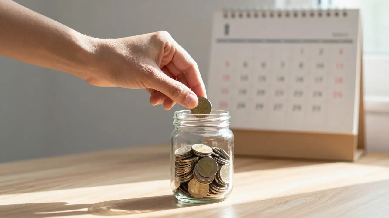 Hands saving coins in a jar near a calendar symbolizing consistent financial routines