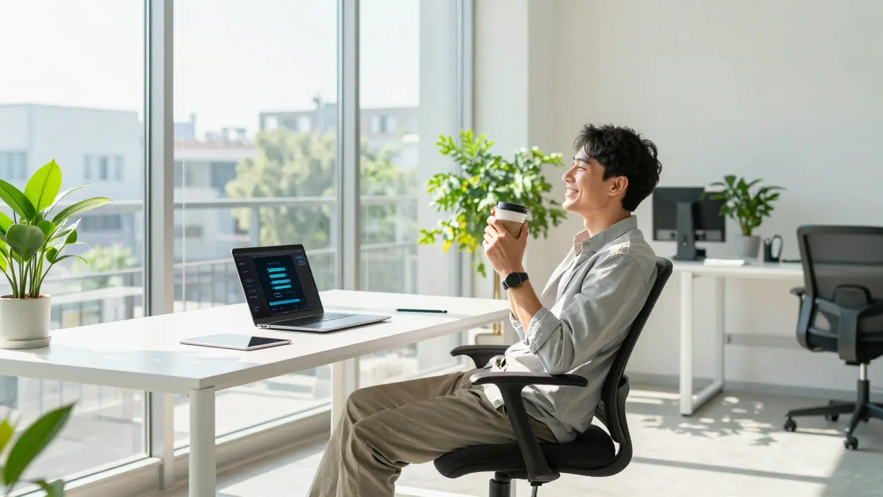 Happy developer relaxing in a sunlit modern workspace