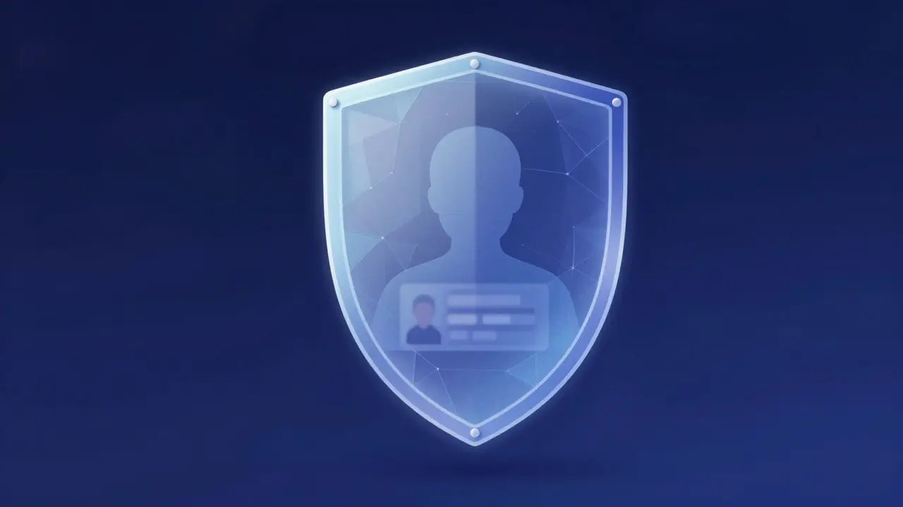 Holographic shield protecting a silhouette, symbolizing private age verification
