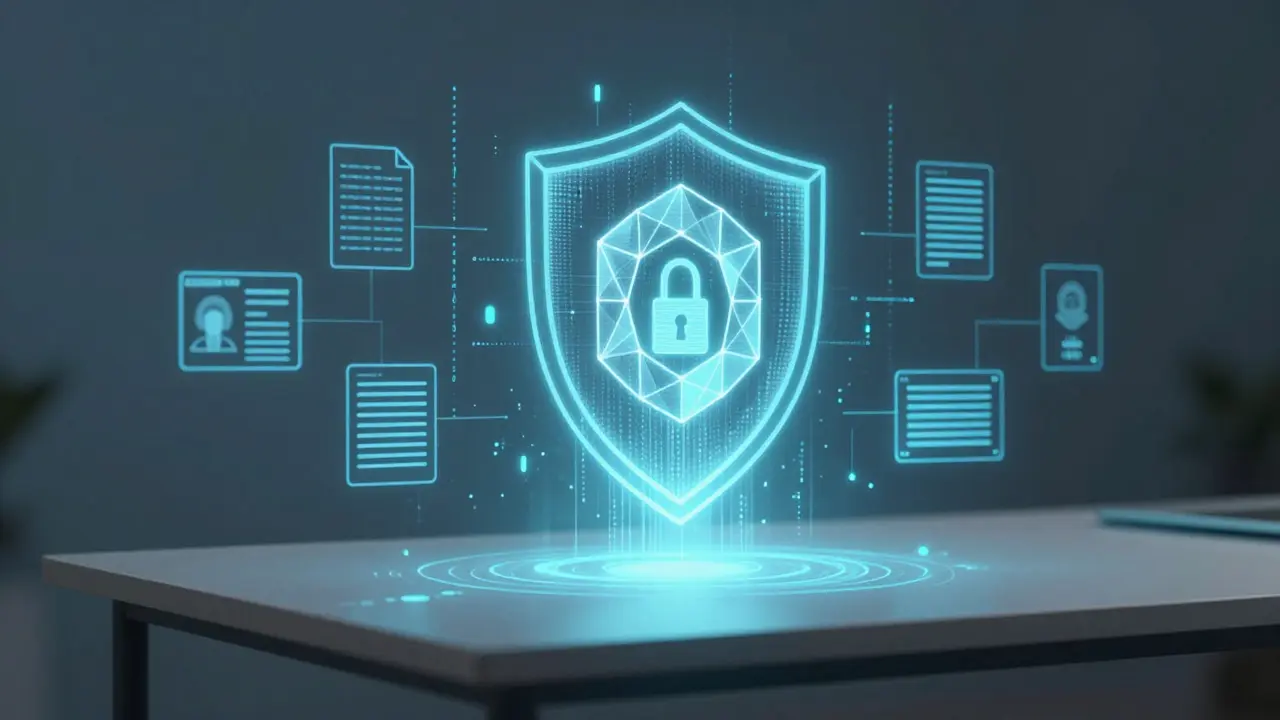 Holographic shield representing secure digital identity wallets and data privacy