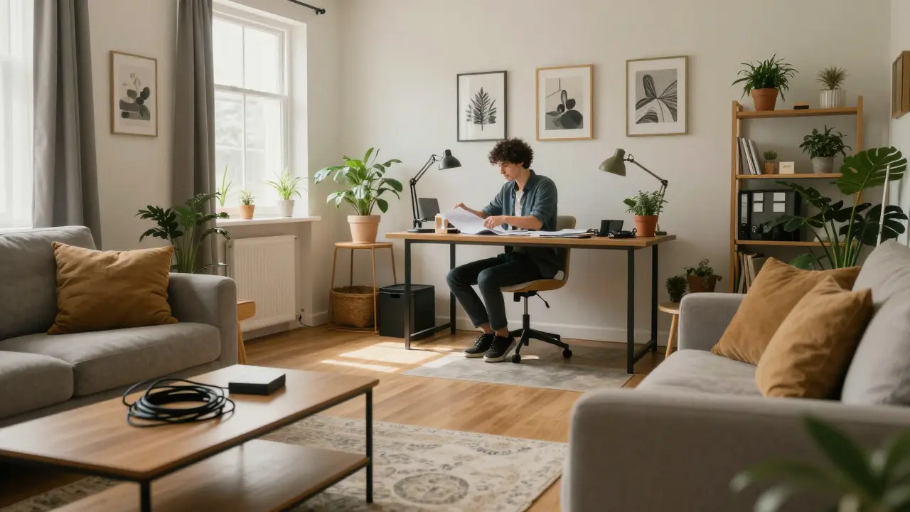 Home office setup with a visible cable hazard on the floor