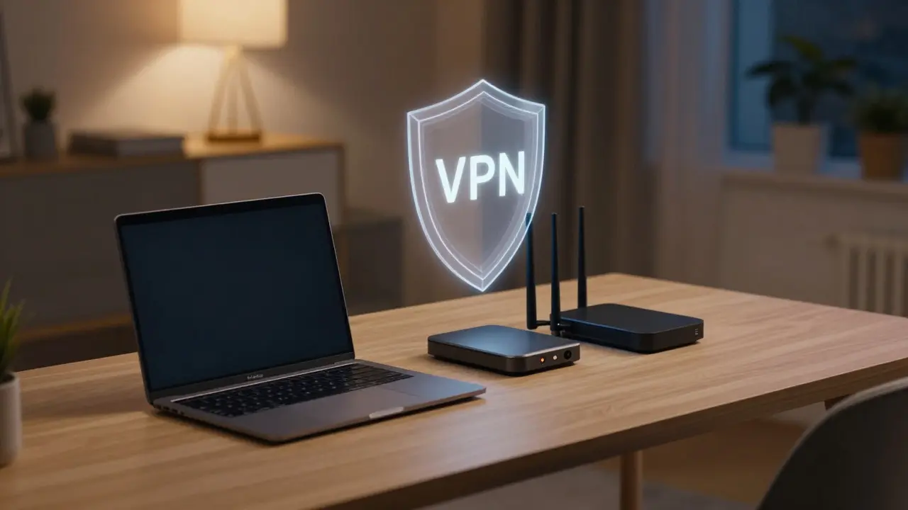 Home office setup with laptop and router under a protective shield