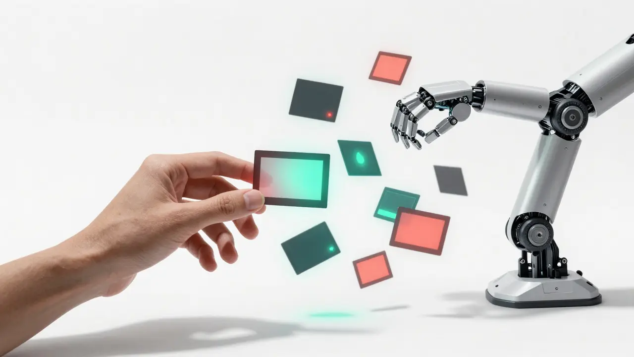 Human and robotic hands sorting glowing video frames in an abstract space
