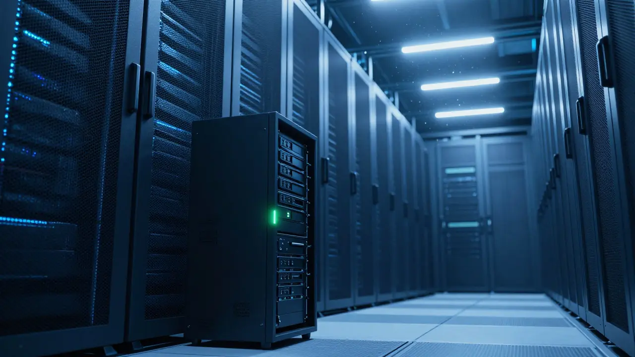 Illuminated server racks in a secure data center representing backend verification