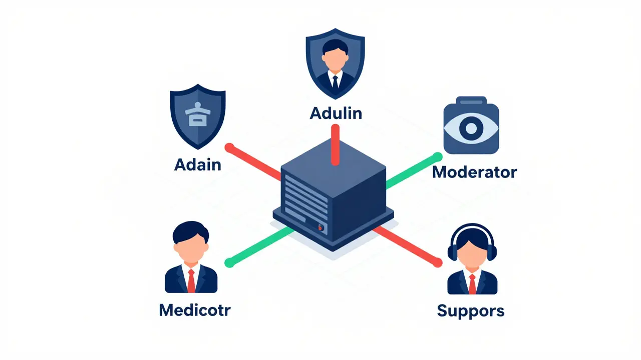 Isometric diagram showing different user roles connected to a central server with varying access levels