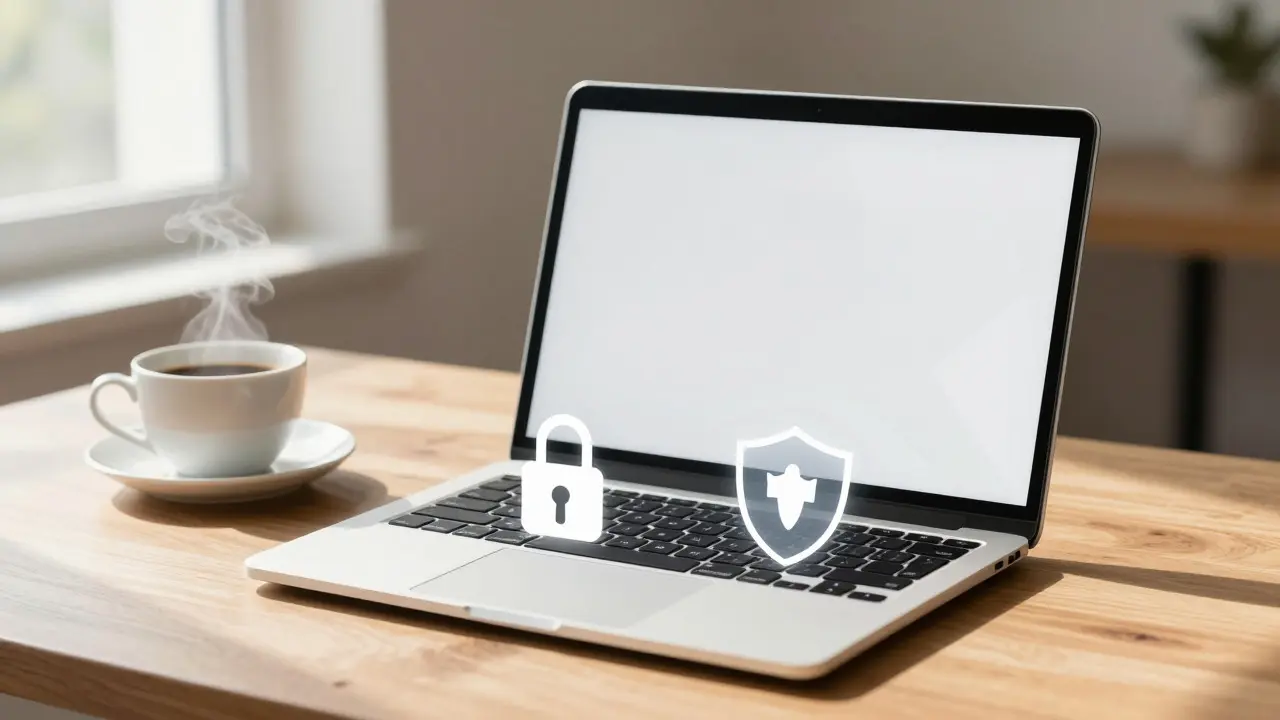 Laptop on a desk with floating security icons symbolizing private payments