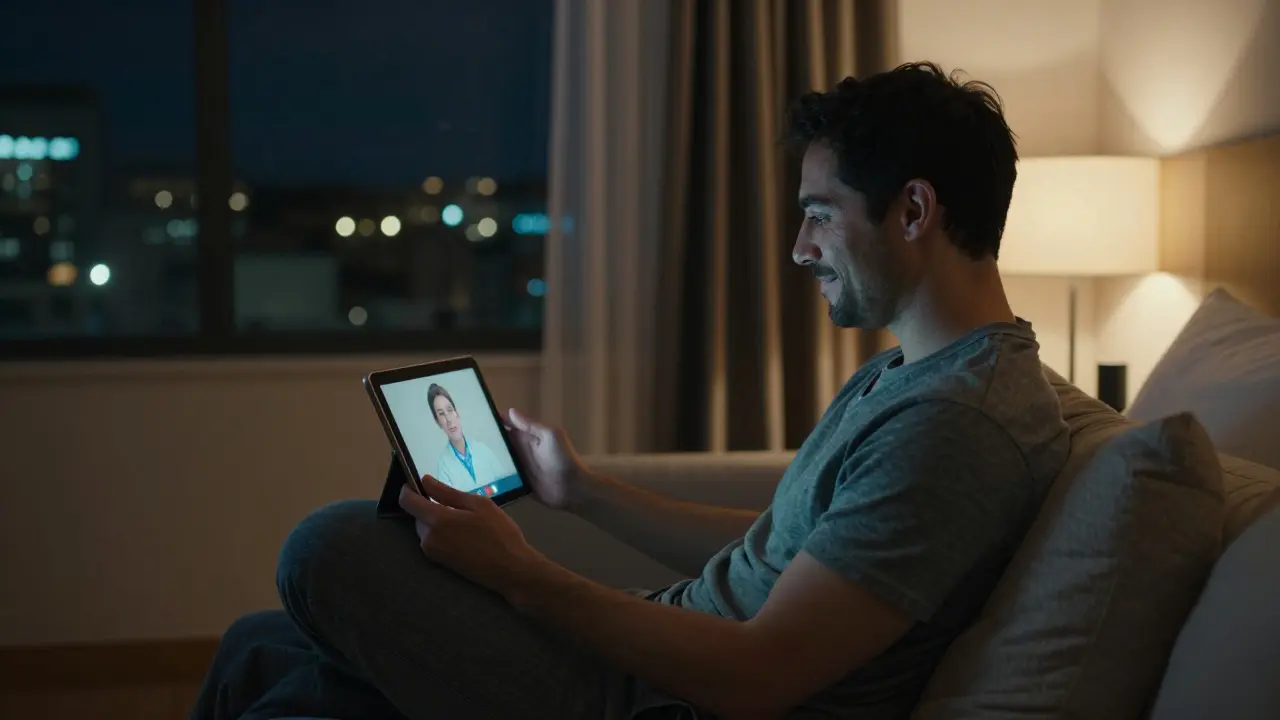 Man in a hotel room using a tablet for a remote therapy session while traveling