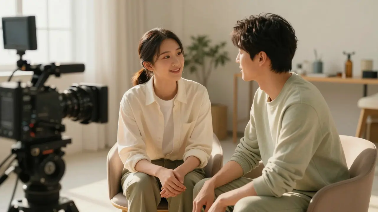 Manager speaking privately and calmly with a performer in a quiet studio corner