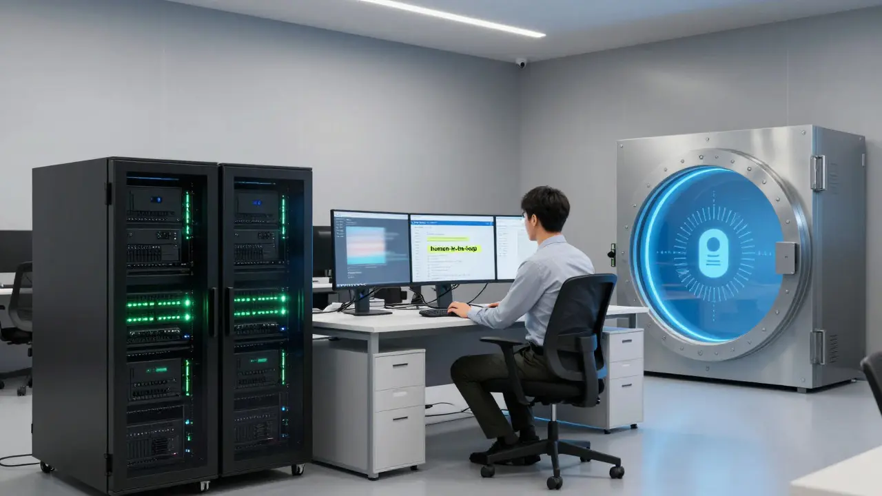 Moderation hub showing AI servers, human review, and secure data storage