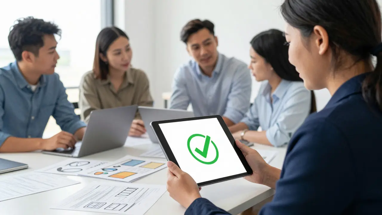 Office team reviewing compliance documents on a tablet