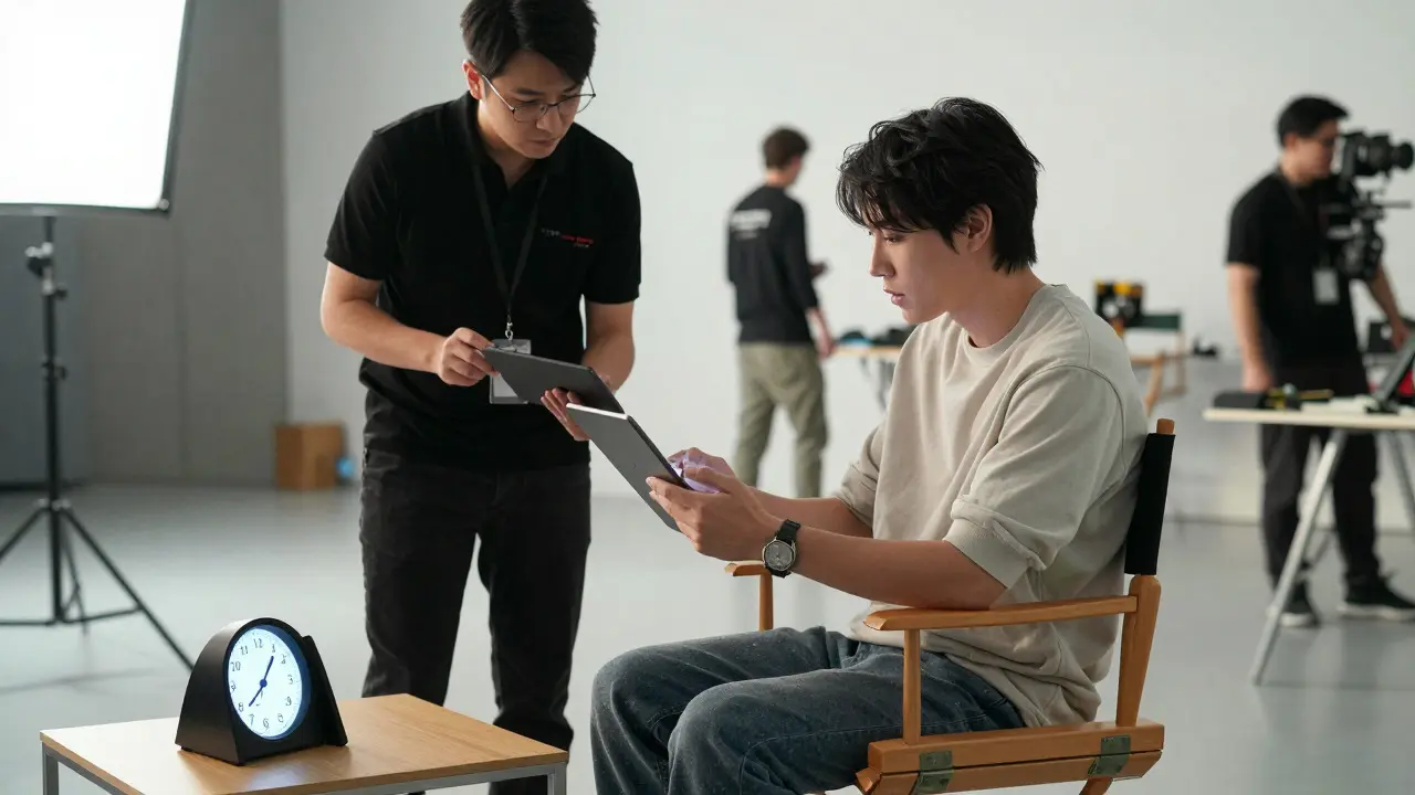 Operations manager assisting a performer on set