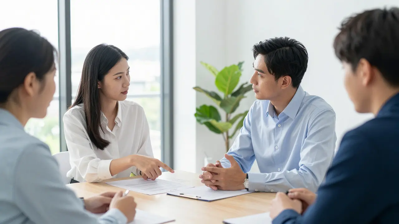 Performer and lawyer reviewing a contract in a bright office