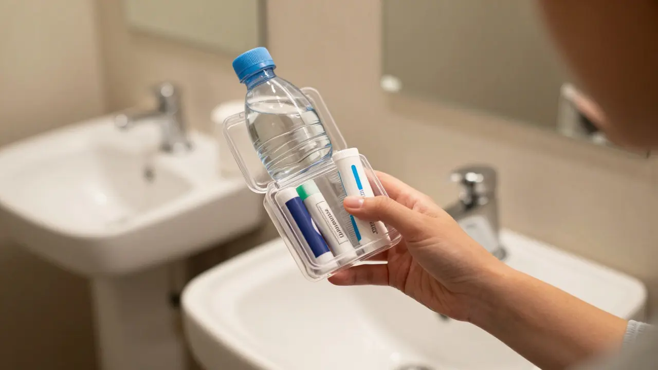 Performer holding personal safety kit in changing area