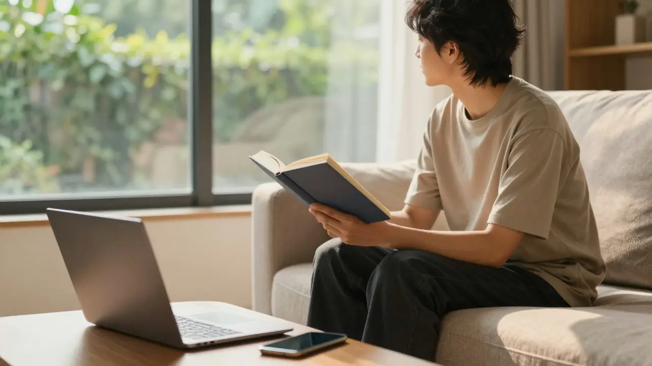 Person relaxing on a sofa during a digital detox in a sunny room