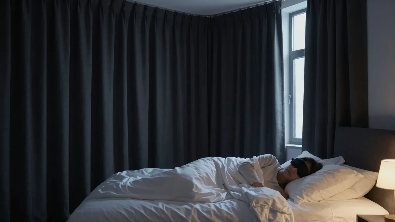 Person sleeping in a dark room with blackout curtains