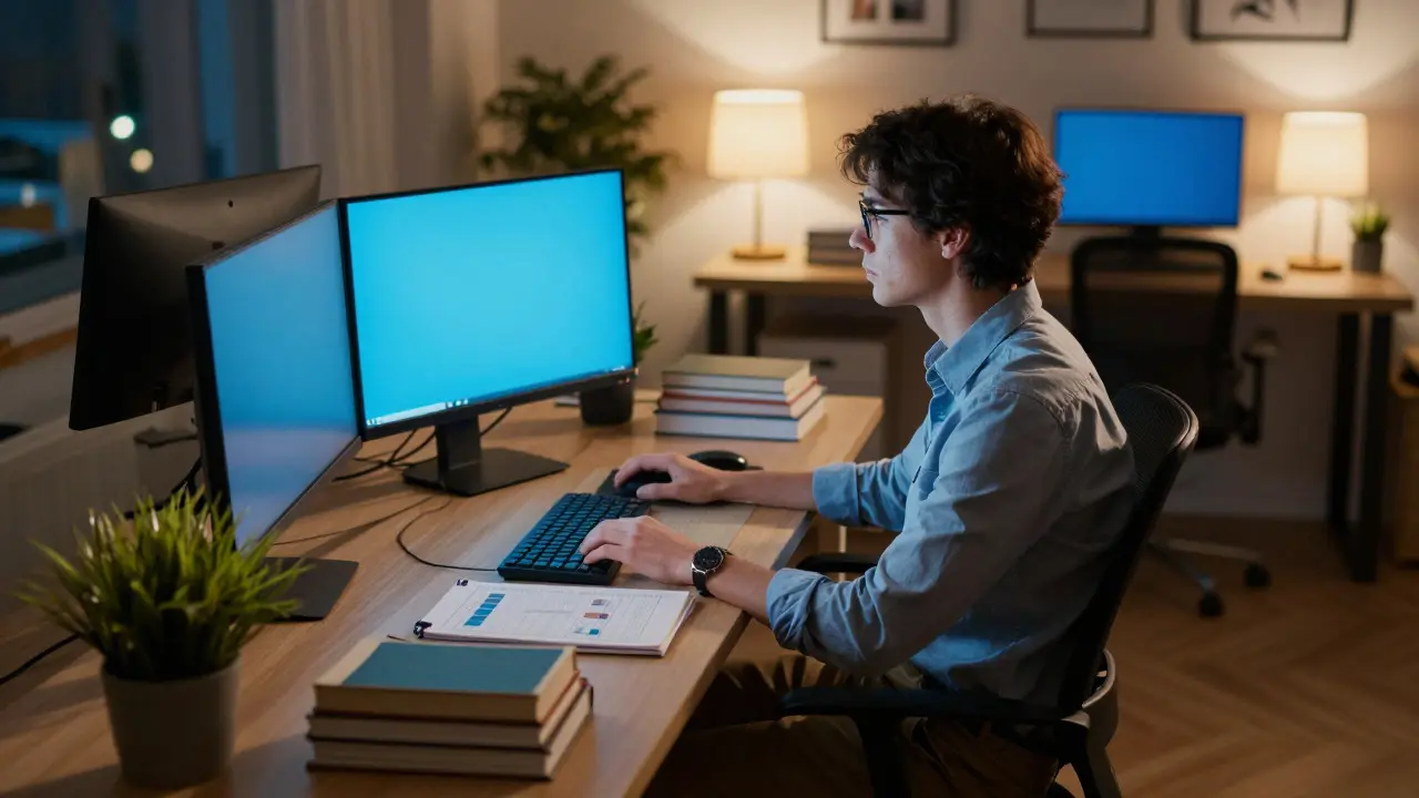 Person working in a well-lit home office at night