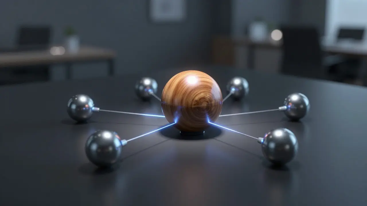 Physical metaphor of a hub and spoke strategy with connected spheres