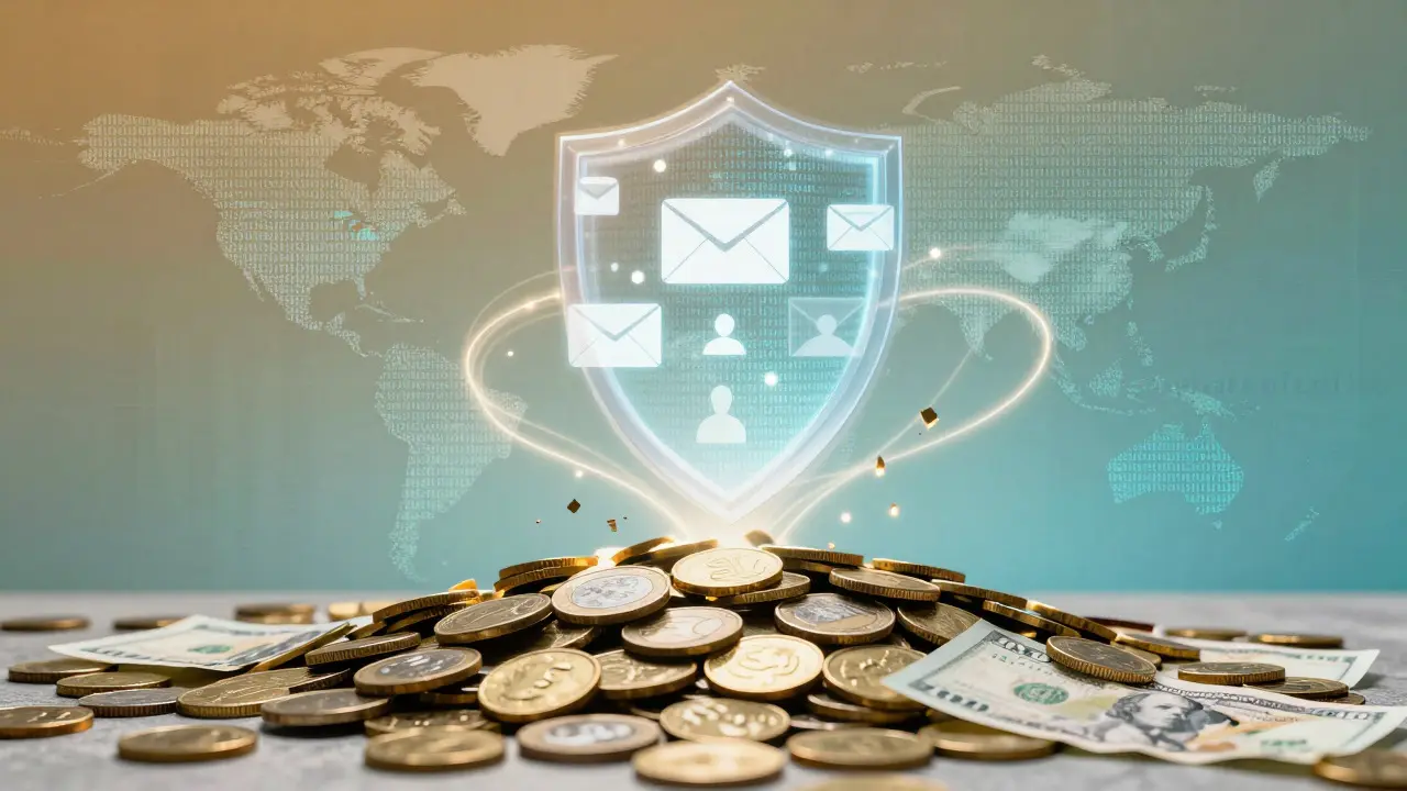 Pile of gold coins transforming into pixels beneath a digital shield protecting user data