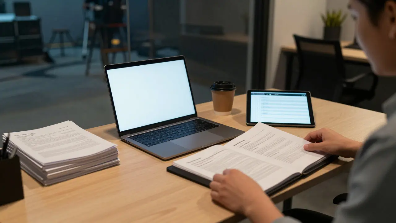 Producer organizing legal documents and checklists on a desk in a modern production office