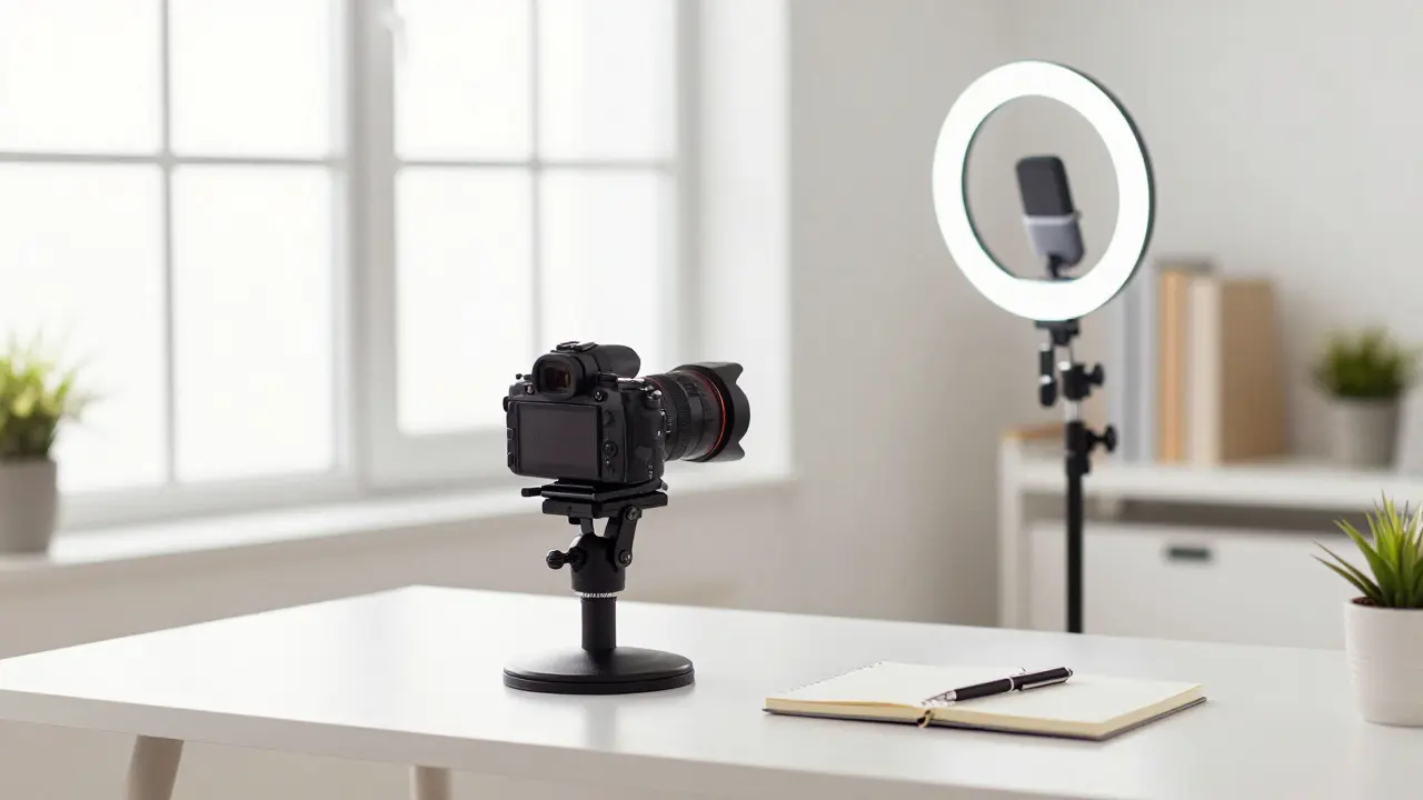 Professional camera and mic setup in a bright home office