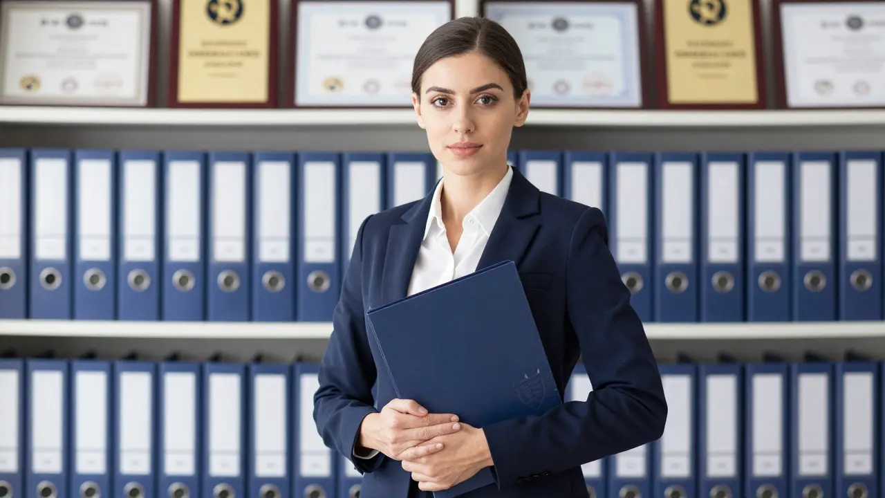 Professional woman holding legal folder in office