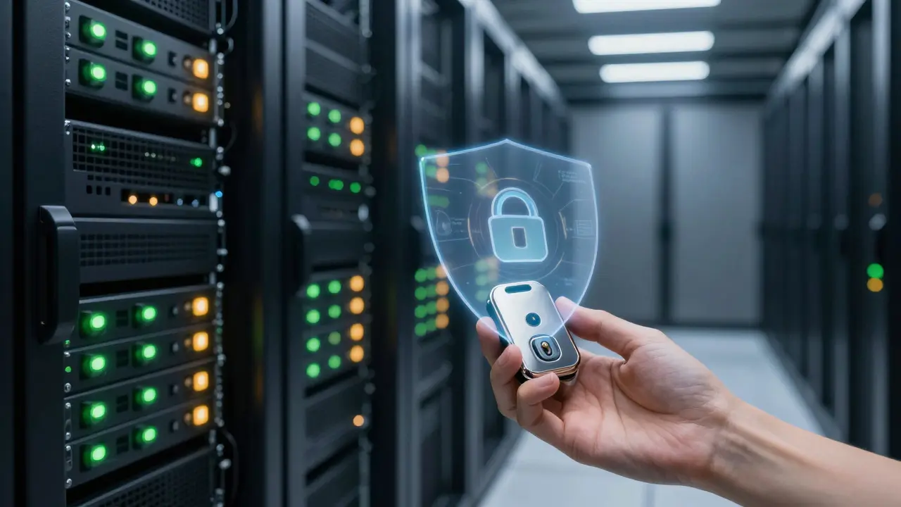 Secure server room with a hand holding a digital security token