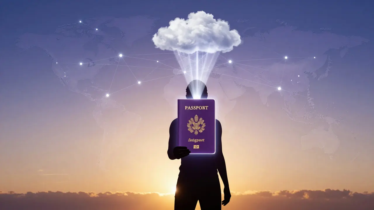 Silhouette holding a holographic digital passport connecting to a global network node system