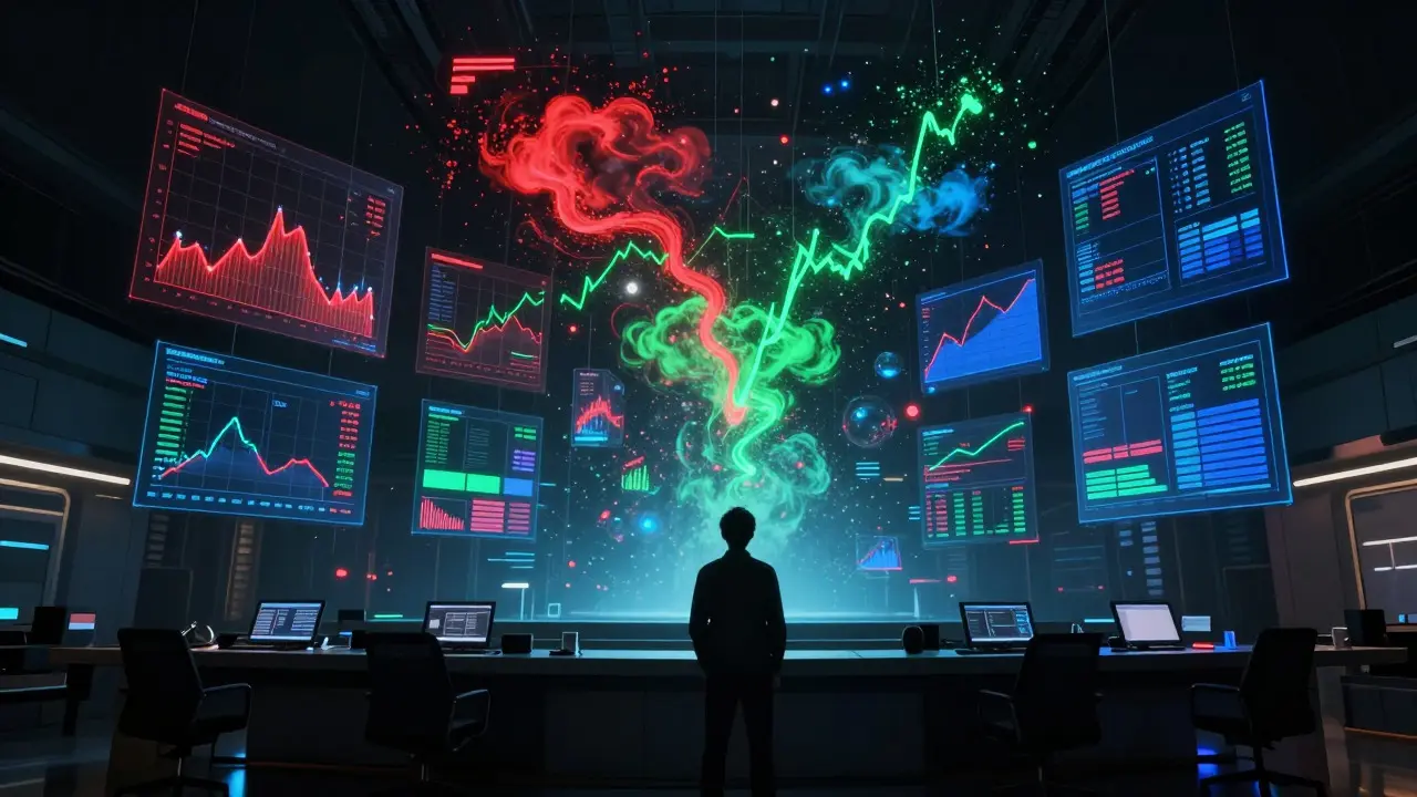 Silhouette of a person observing floating holographic data clouds in a dark control room