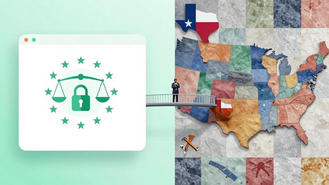 Split screen comparing EU regulation visuals with a fragmented US map