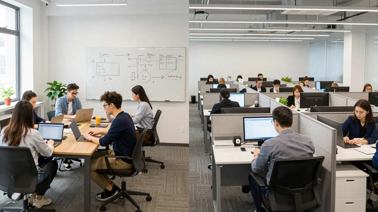 Split view comparing a flexible freelance team with a formal corporate office