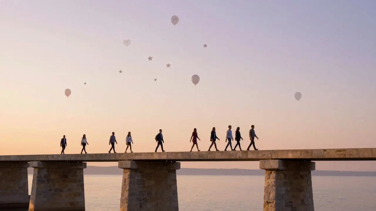 Stone bridge spanning a gap under a sunrise sky with rising balloons