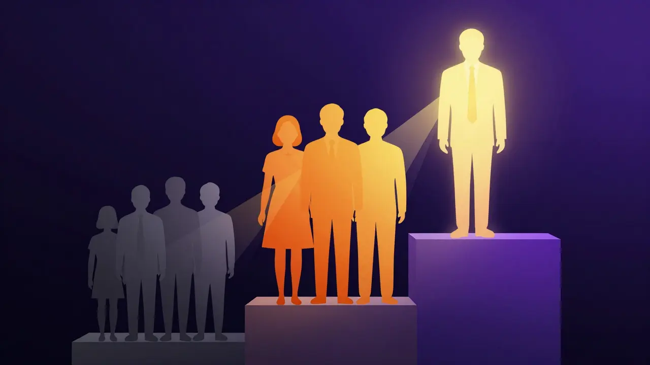 Stylized illustration of three groups of people at different levels, representing customer segmentation