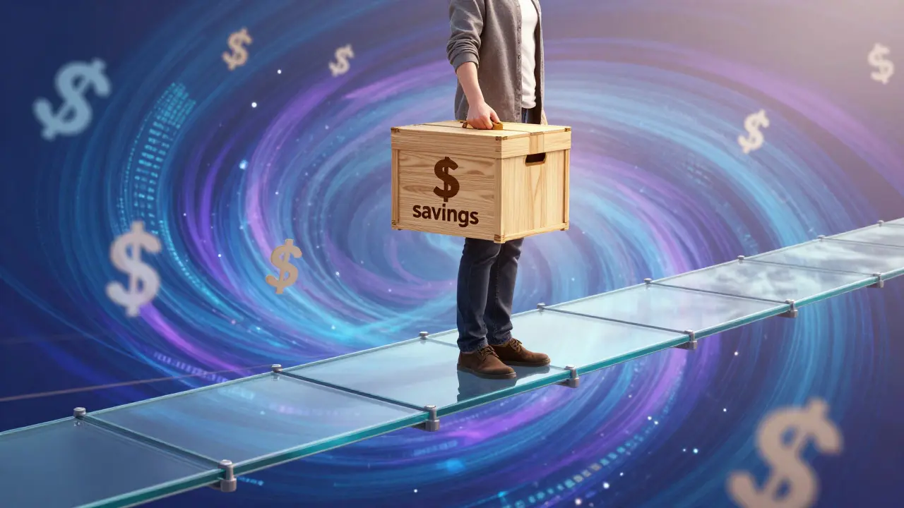 Surreal illustration of a person balancing on a bridge over abstract money symbols