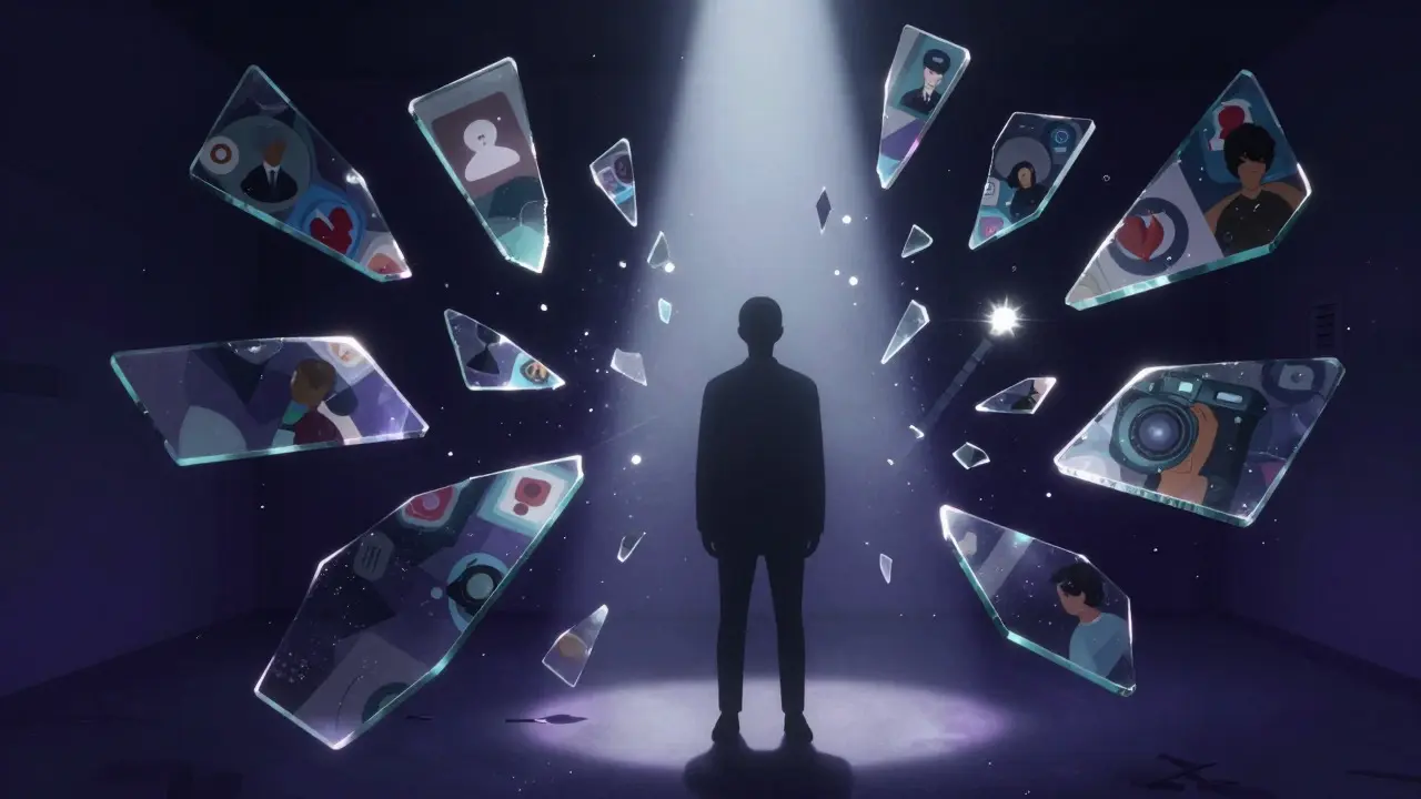 Surreal illustration of a silhouette surrounded by dissolving glass shards