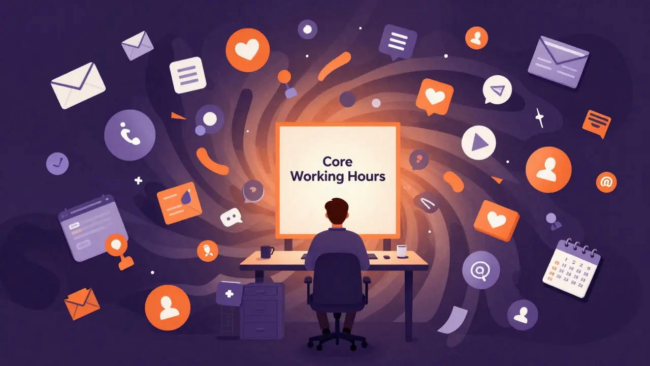 Surreal illustration of work tasks expanding into personal time boundaries