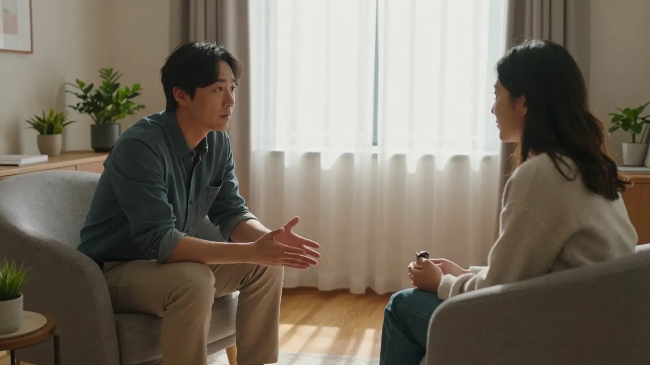 Therapist and client in a warm, private office setting