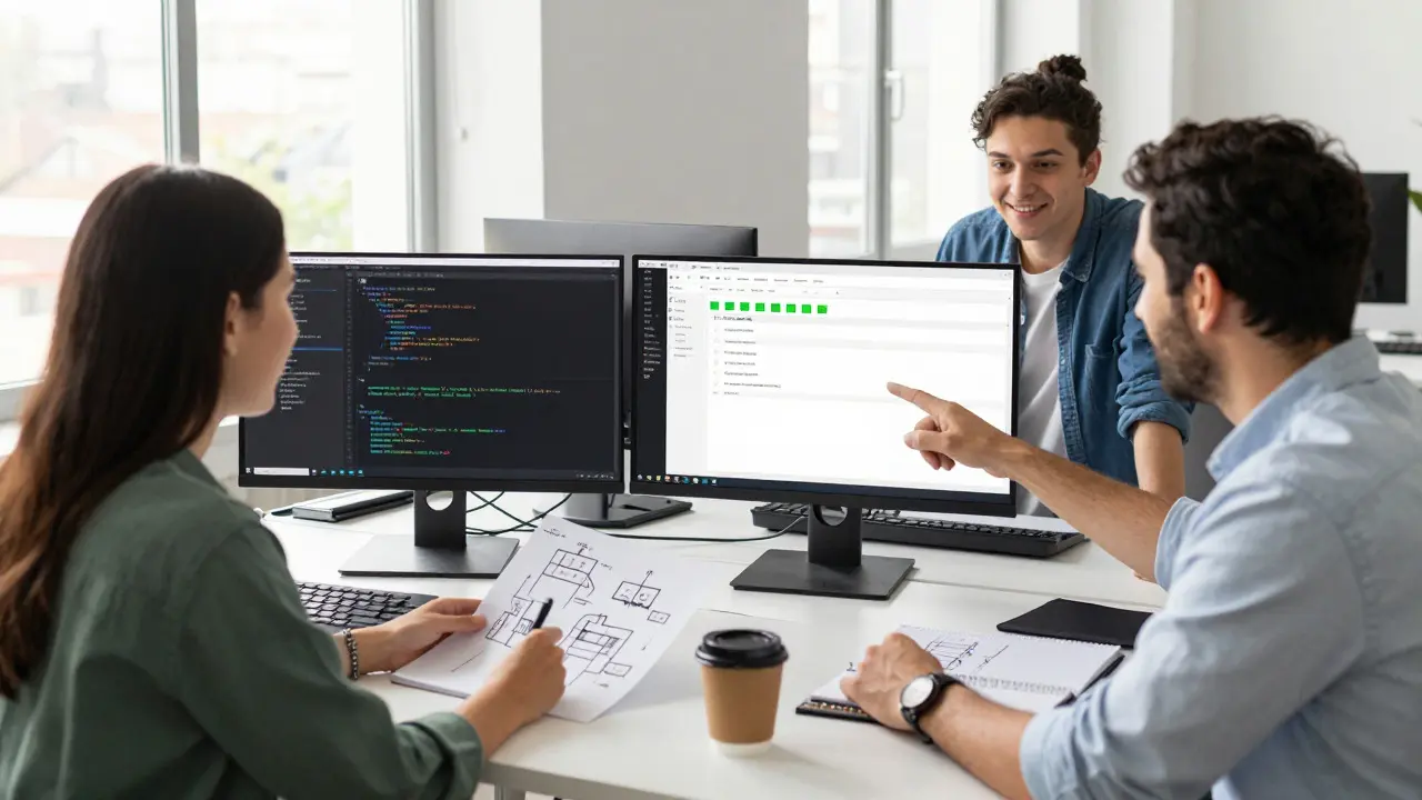 Three developers collaborating around a desk with monitors showing code and dashboards