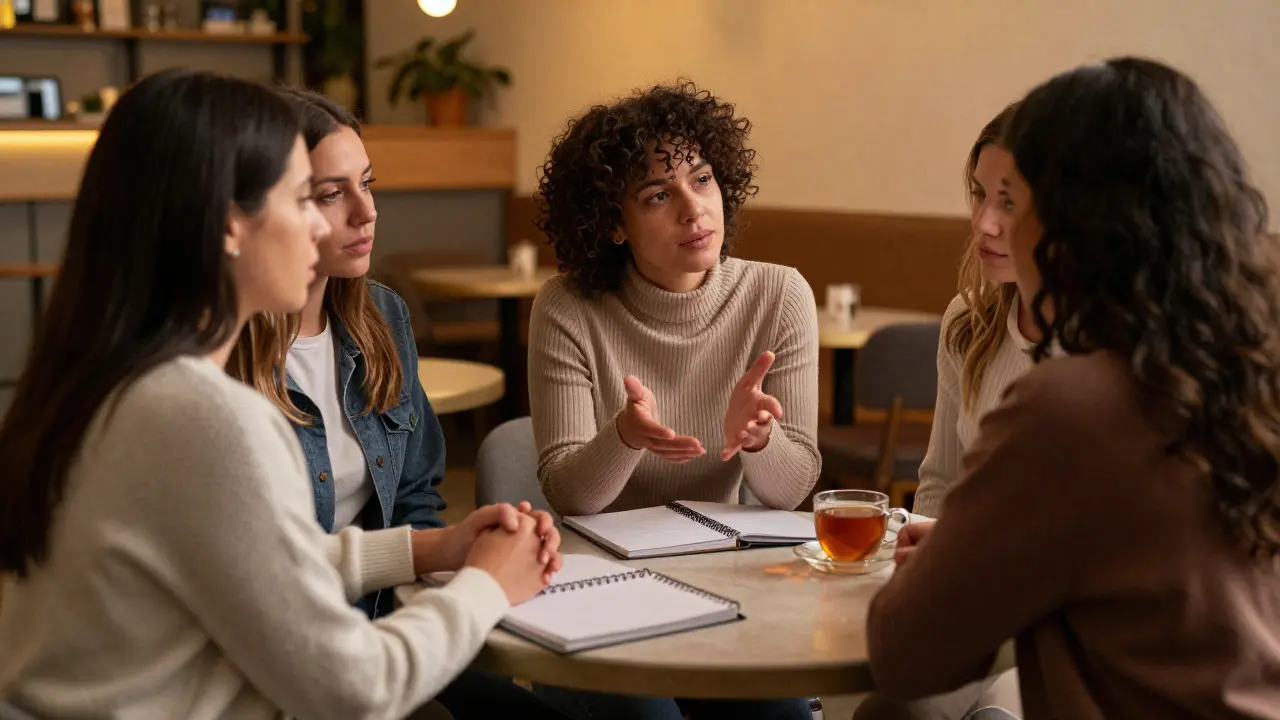 Three women having a supportive conversation around a table in a warm, cozy indoor setting.