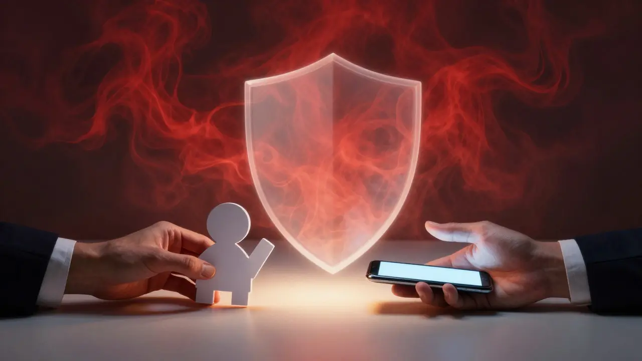 Two hands exchanging documents protected by a glowing light shield