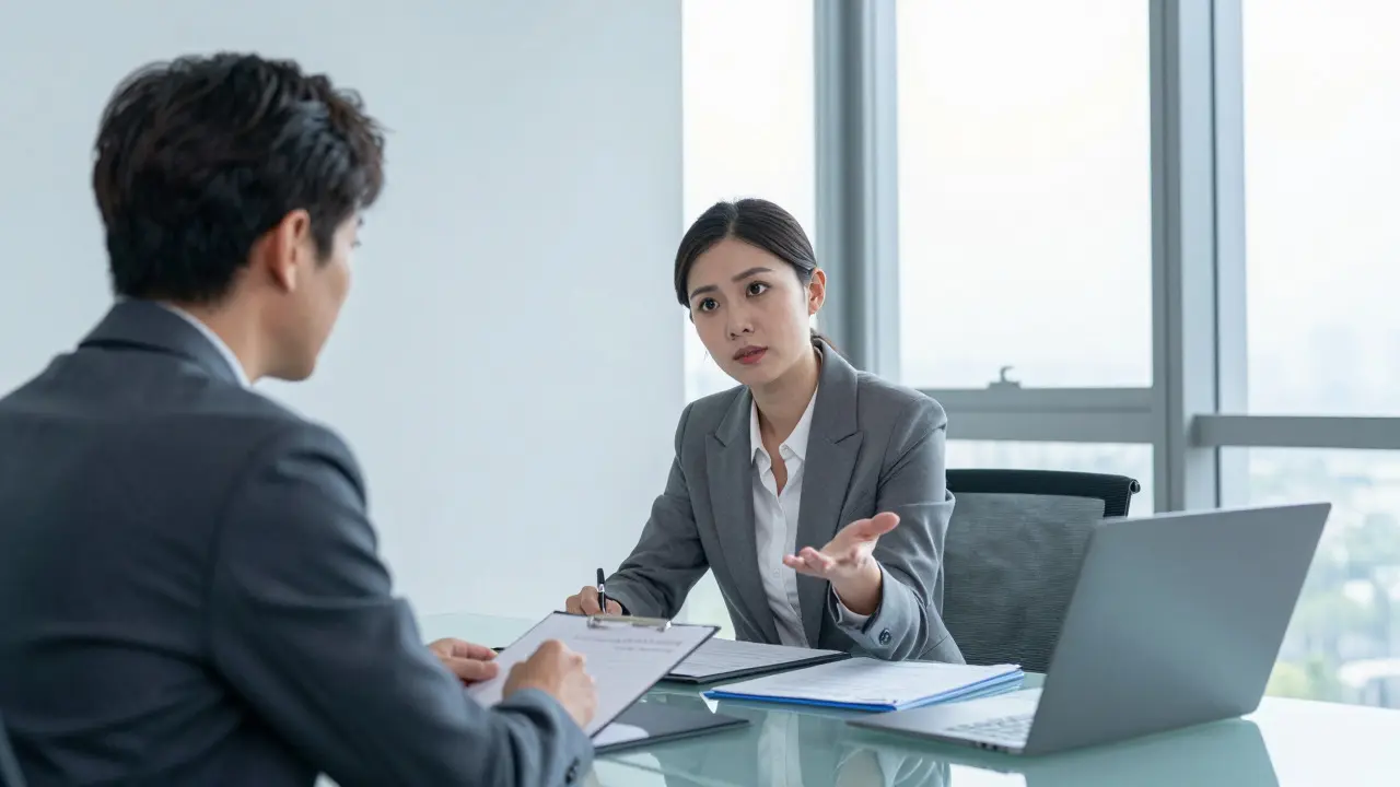 Two professionals having a serious discussion during an office meeting