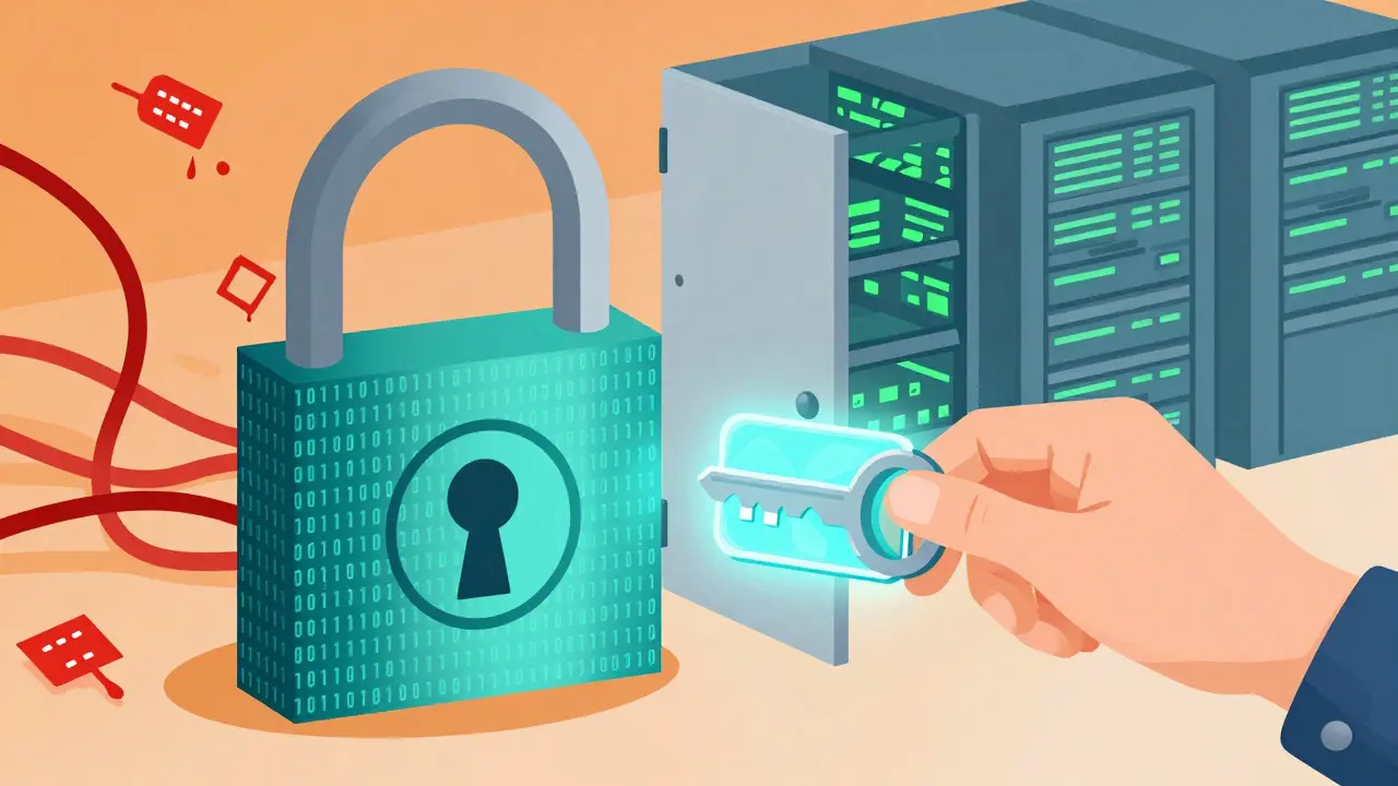 Vector art of a data-secured door with an encrypted key, contrasting risk and safety zones