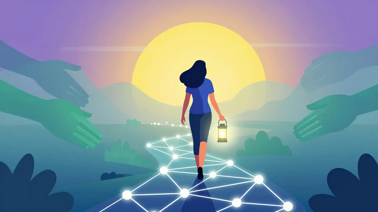 Woman walking a glowing path with a lantern, surrounded by supportive abstract shapes